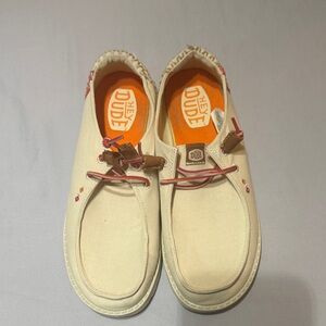 Hey Dude Womens Tan Loafers with Pink Accents